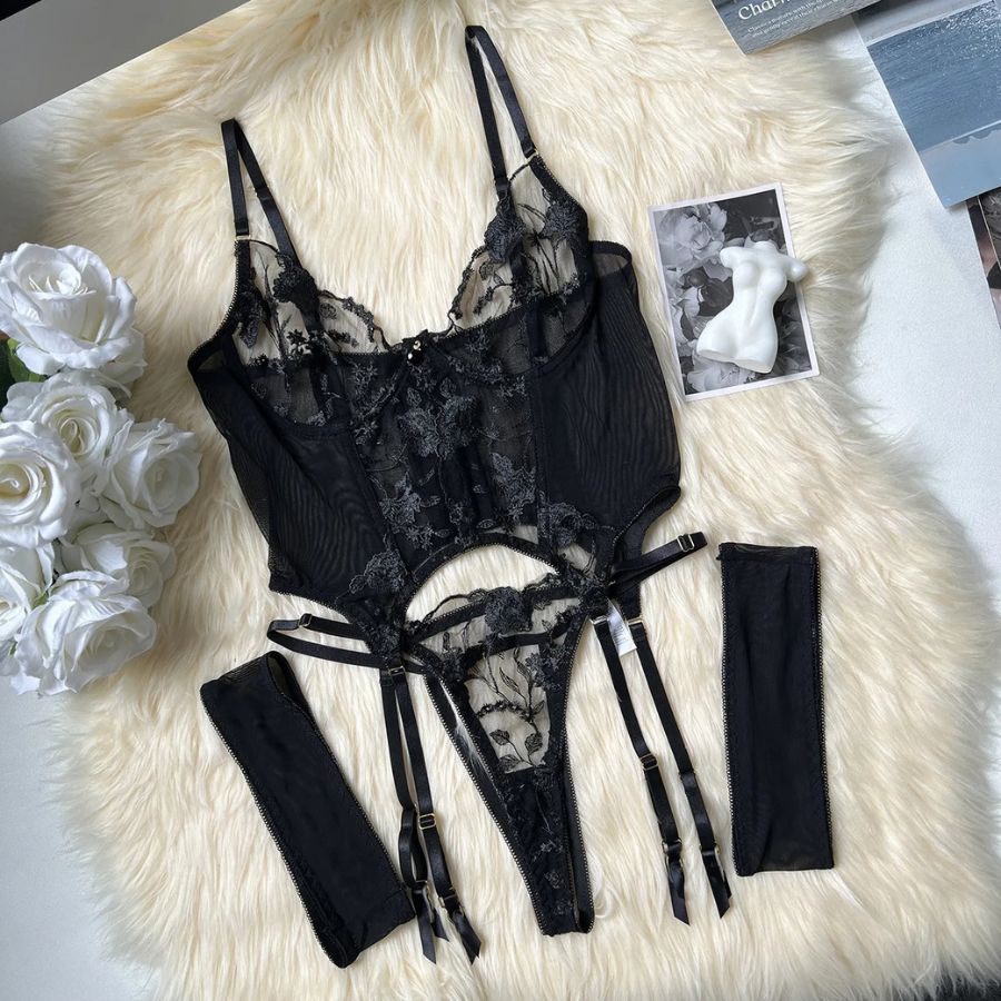 Elegant Black Floral Lace Bodysuit with Cutouts-Bodysuit-Bellascena-bellascena