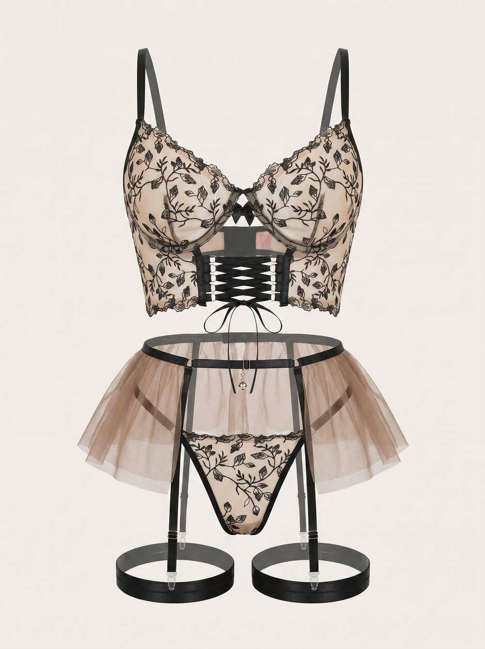 Elegant Black Floral Mesh Lingerie Set with Adjustable Straps