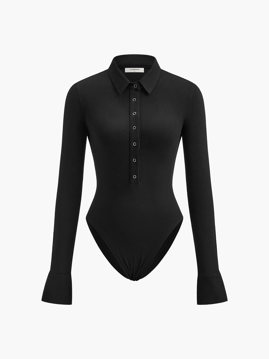 Elegant Black Jersey Bodysuit with Button-Up Collar-Bodysuit-Bellascena-bellascena