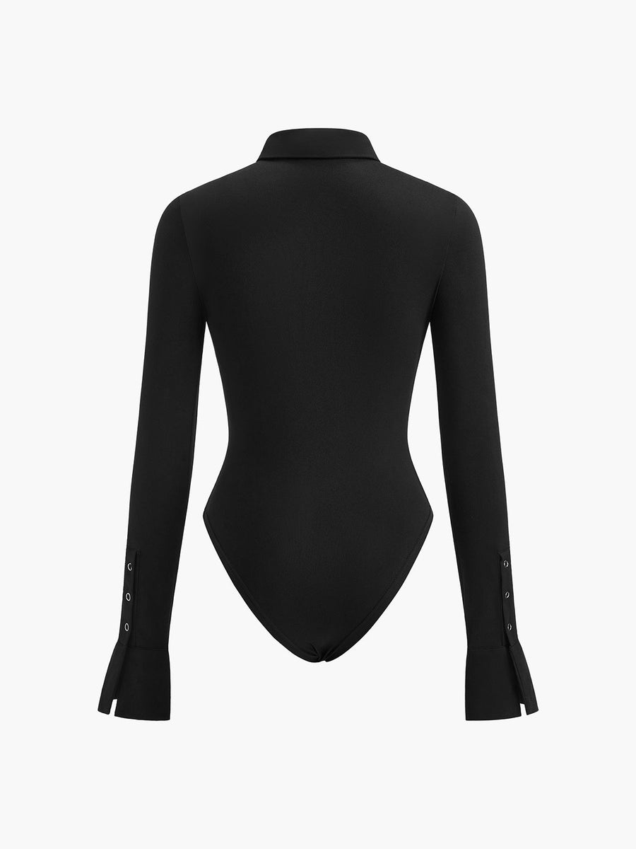 Elegant Black Jersey Bodysuit with Button-Up Collar-Bodysuit-Bellascena-bellascena