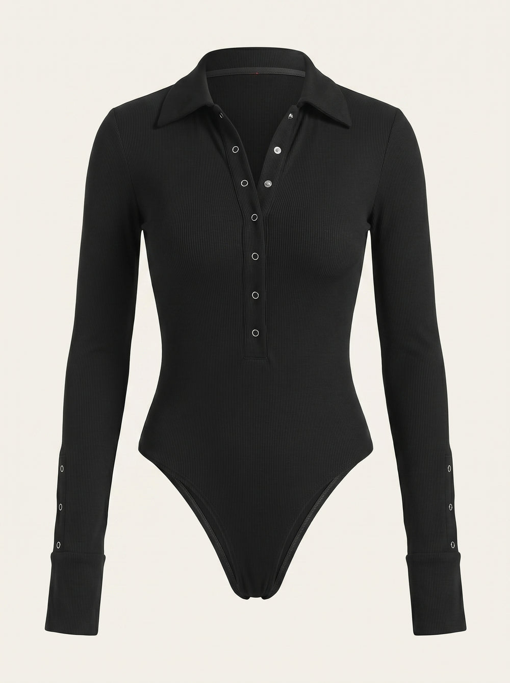 Elegant Black Jersey Bodysuit with Button-Up Collar