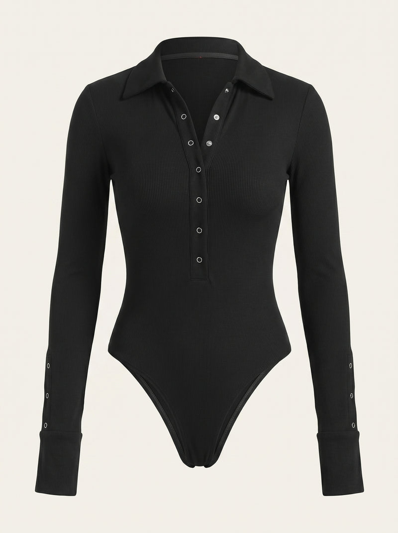 Elegant Black Jersey Bodysuit with Button-Up Collar