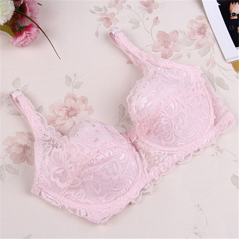 Elegant Black Lace Bra with Scalloped Edges and Bow Detail-Bra-Bellascena-Pink-B/C-60-bellascena