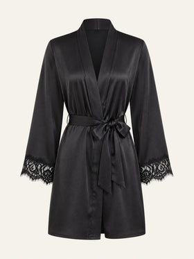 Elegant Black Lace Kimono Robe with Sheer Polka Dots-Kimono Robe-Bellascena-Black-S-bellascena