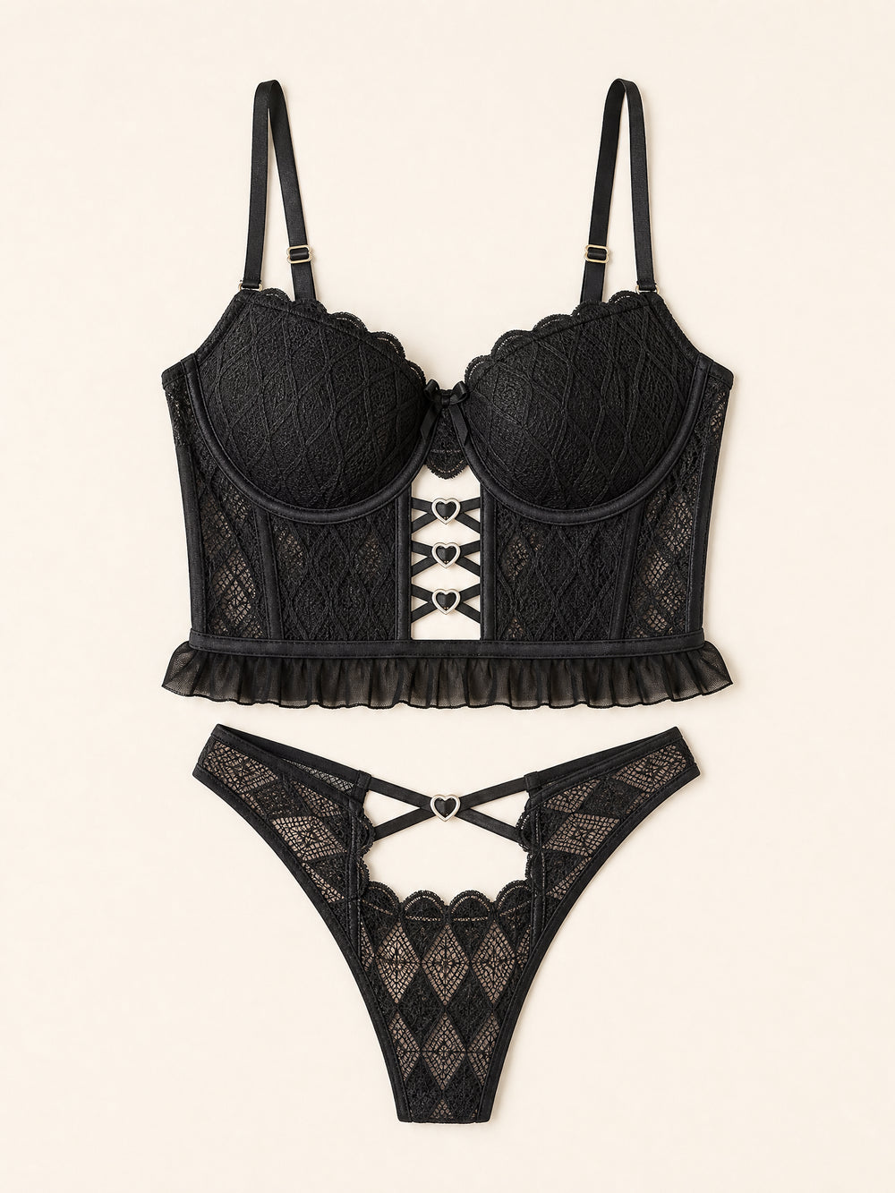 Elegant Black Lace Lingerie Set with Strappy Details