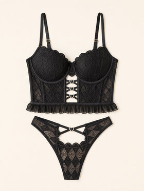 Elegant Black Lace Lingerie Set with Strappy Details-Bra-Bellascena-bellascena