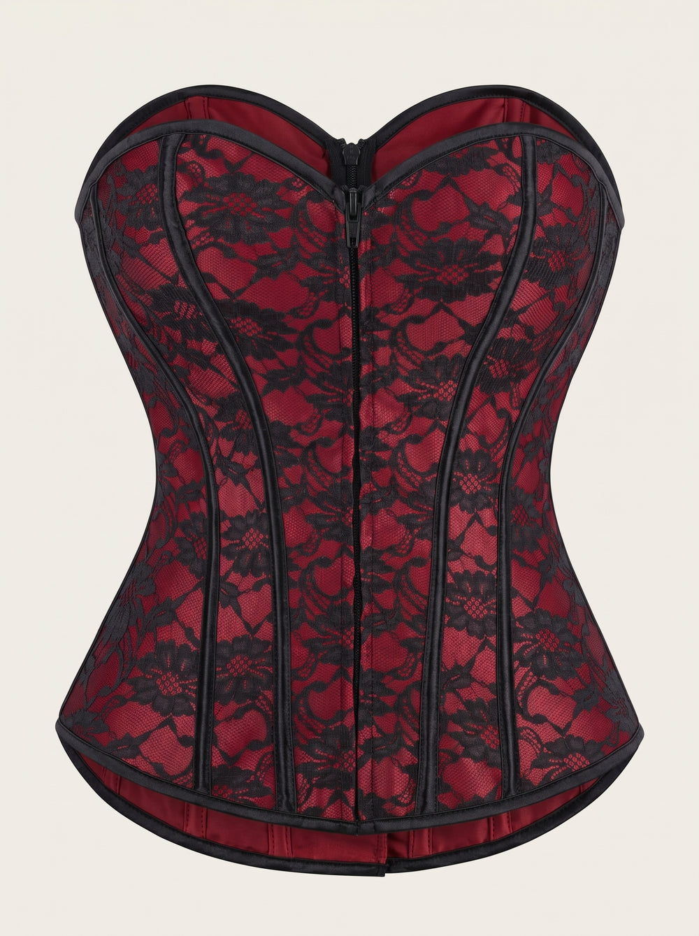Elegante corsetto rosso rivestito in pizzo nero con stecche