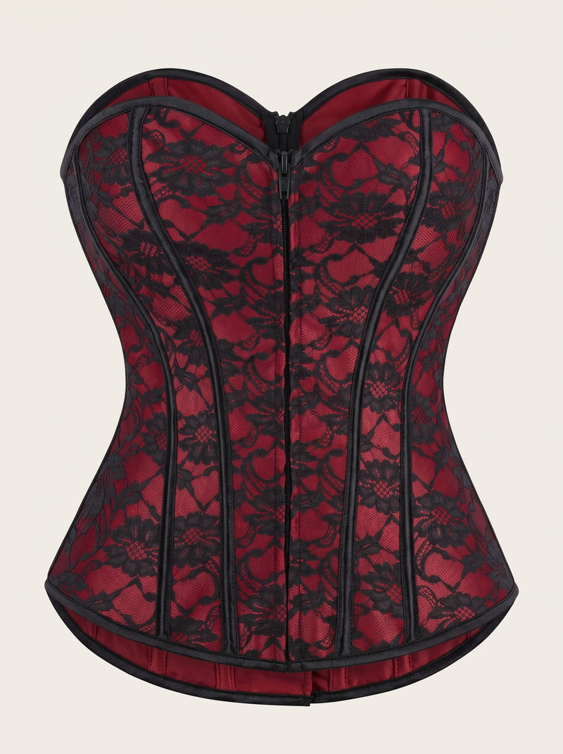 Elegante corsetto rosso rivestito in pizzo nero con stecche