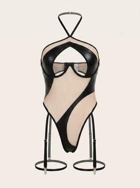Elegant Black Mesh Bodysuit with Halter Neck-Bodysuit-Bellascena-Black-S-bellascena