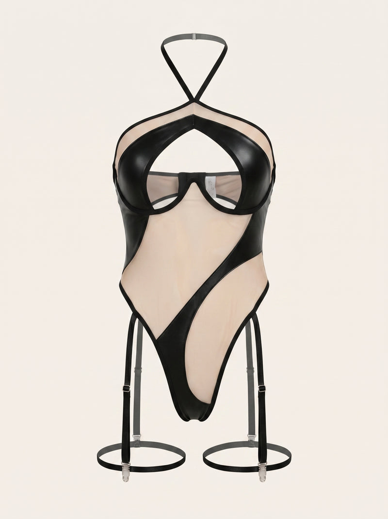 Elegant Black Mesh Bodysuit with Halter Neck
