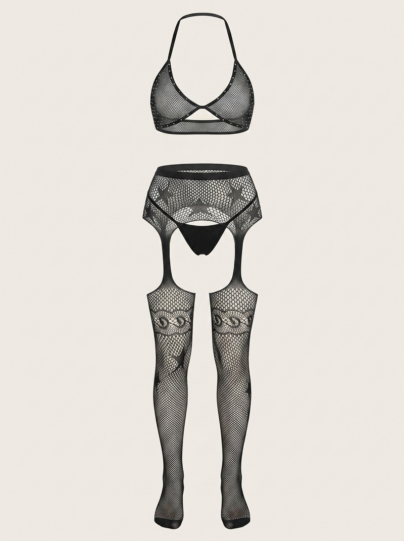 Elegant Black Mesh Bodysuit with Strappy Cutouts