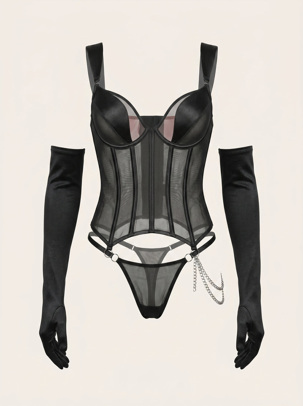 Elegante set di lingerie nera in rete con design a strisce