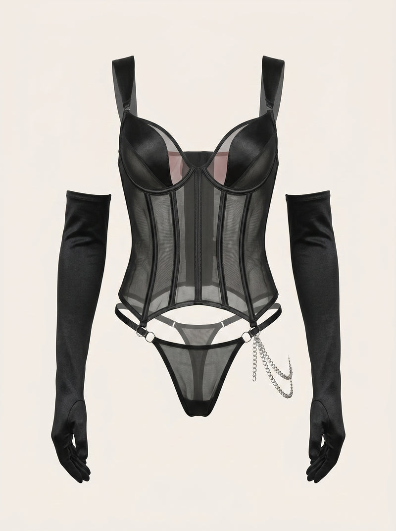 Elegant Black Mesh Bodysuit with Strappy Design
