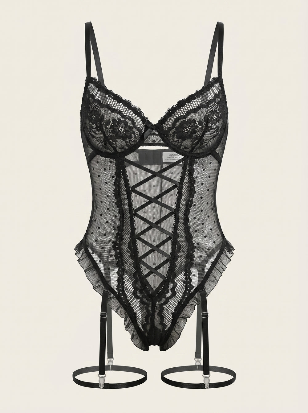 Elegante body in pizzo nero a pois con dettaglio a spalline