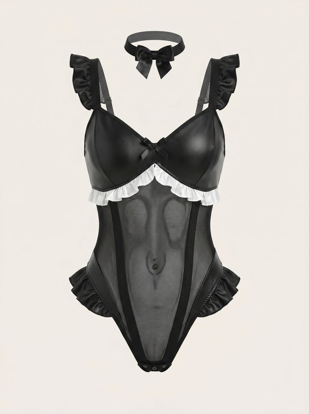 Elegant Black Satin Bodysuit with Sheer Strappy Details