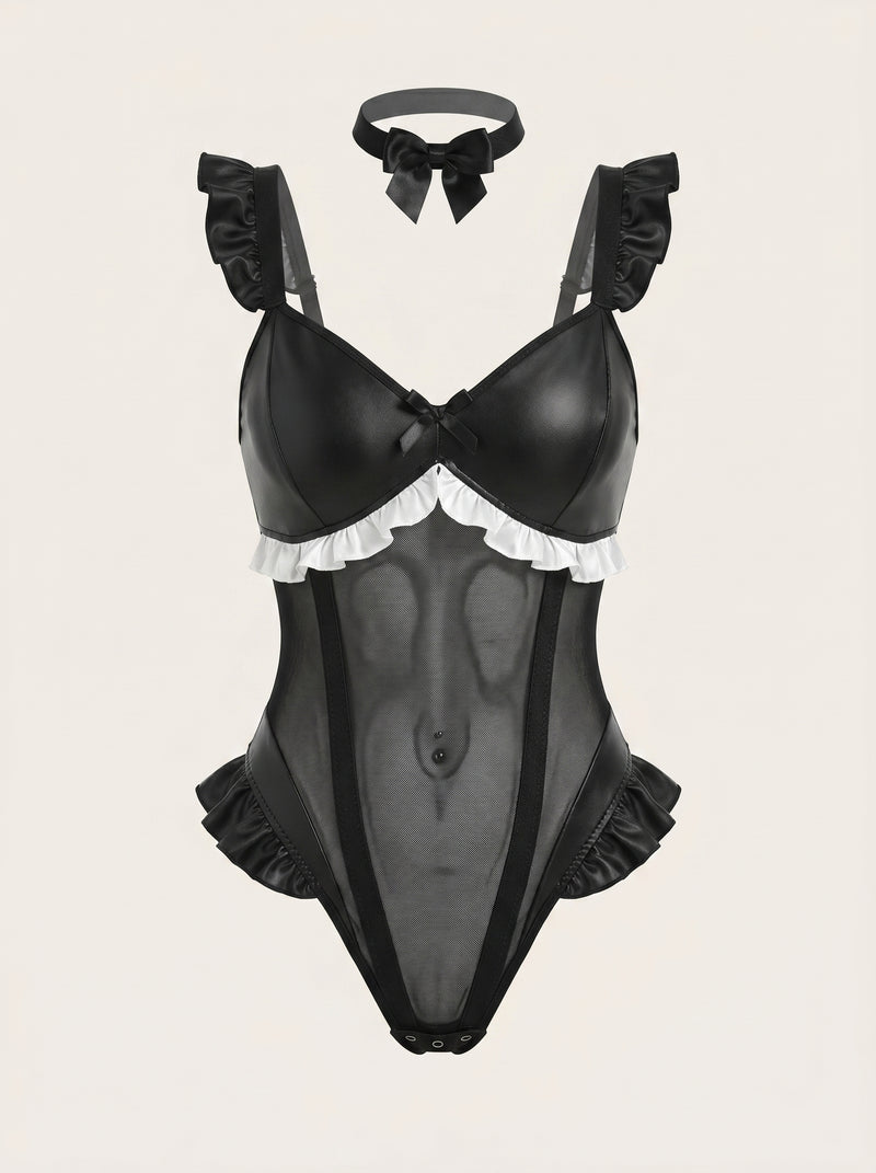 Elegant Black Satin Bodysuit with Sheer Strappy Details