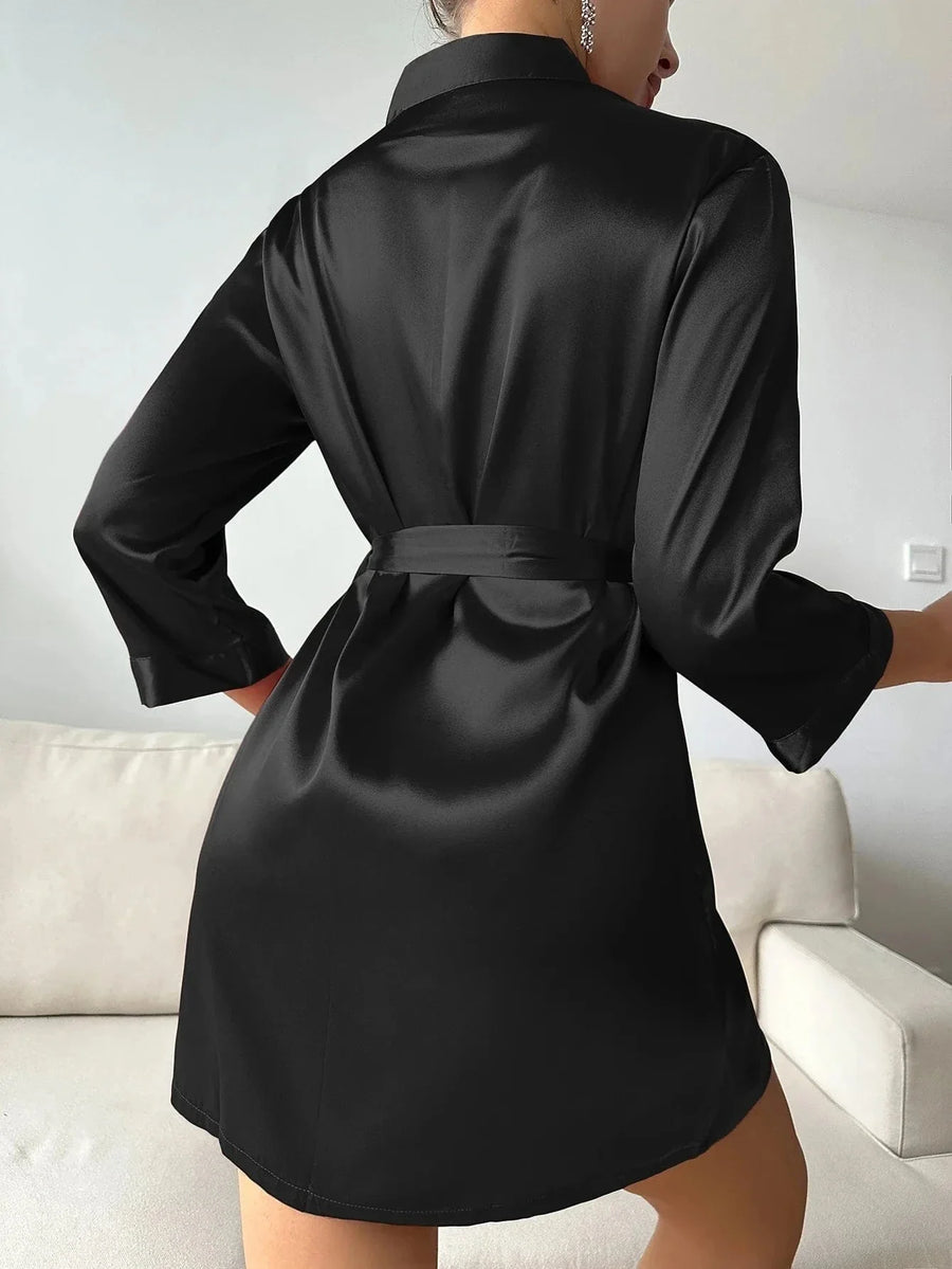 Elegant Black Satin Kimono Robe with Belted Wrap-Kimono Robe-Bellascena-bellascena