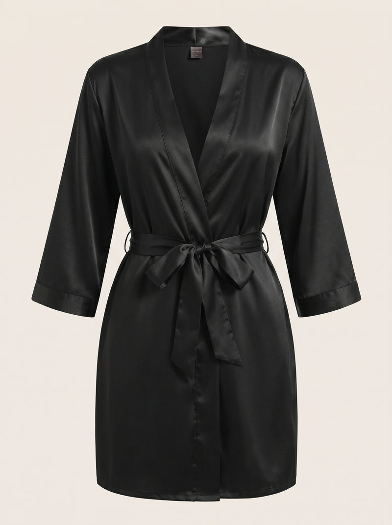 Elegant Black Satin Kimono Robe with Belted Wrap