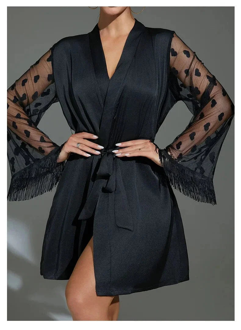 Elegant Black Satin Kimono Robe with Lace Trim-Kimono Robe-Bellascena-bellascena