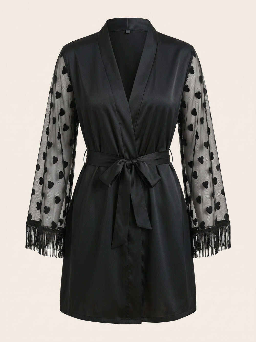 Élégant kimono peignoir en satin noir avec bordure en dentelle