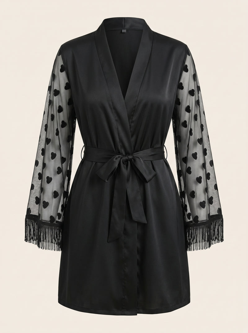 Elegant Black Satin Kimono Robe with Lace Trim