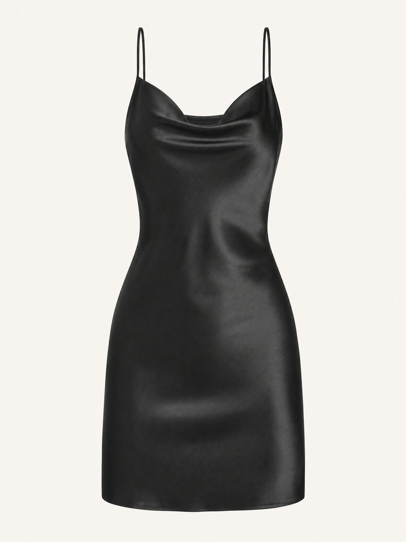 Elegant Black Satin Nightdress with Lace-up Back