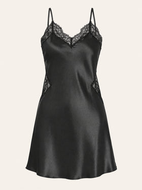 Elegant Black Satin Nightgown with Lace Trim-Nightgown-Bellascena-Black-S-bellascena