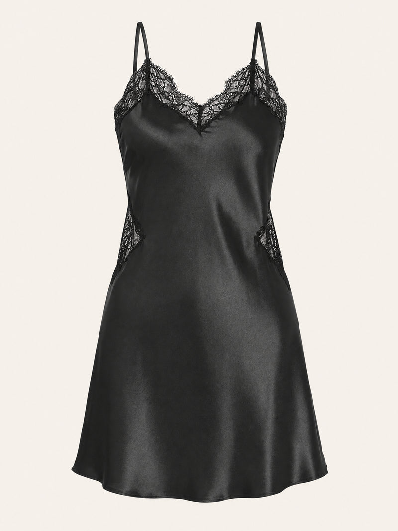 Elegant Black Satin Nightgown with Lace Trim
