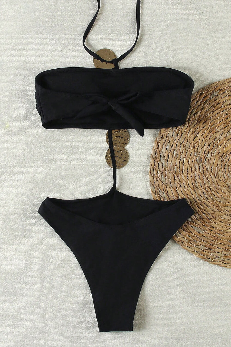 Elegant Black Satin One-Piece Swimsuit with Cutout Detail-One-Piece Swimsuit-Bellascena-bellascena