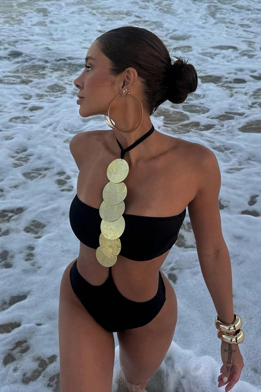 Elegant Black Satin One-Piece Swimsuit with Cutout Detail-One-Piece Swimsuit-Bellascena-bellascena