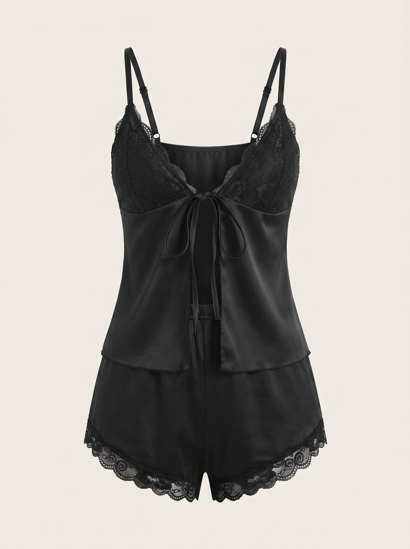 Elegant Black Satin Pajama Set with Lace Trim