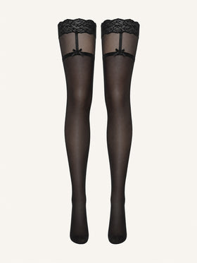 Elegant Black and Red Lace Knee High Stockings with Bow Detail-Tights-Bellascena-Black-One Size-bellascena