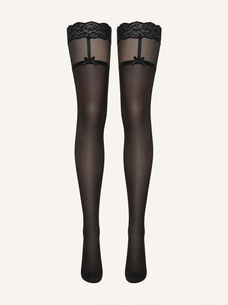 Elegant Black and Red Lace Knee High Stockings with Bow Detail