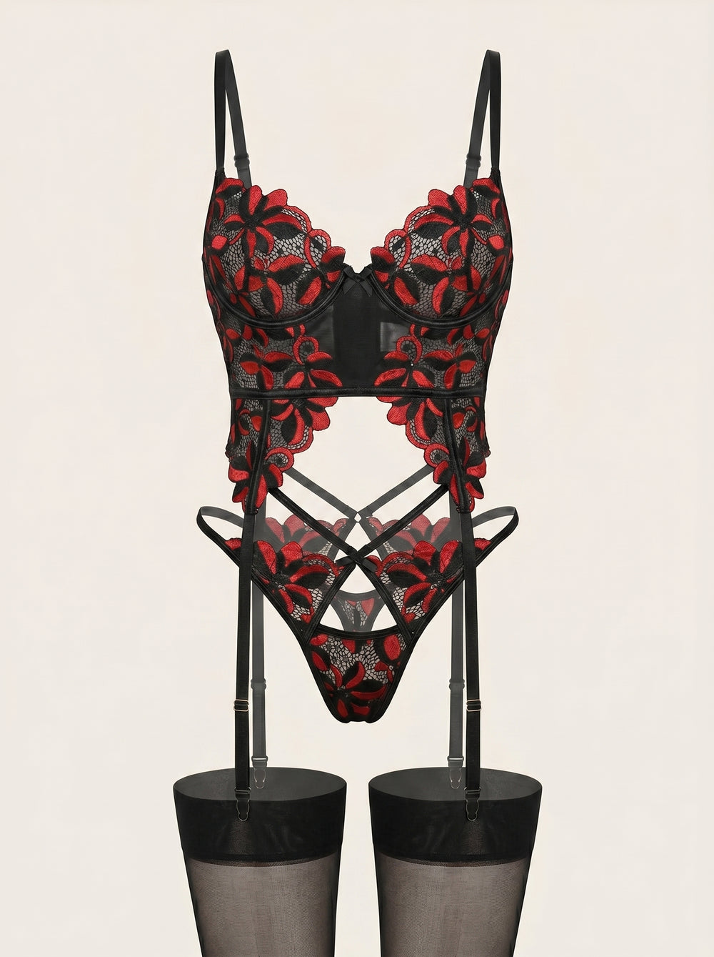 Elegant Black with Red Floral Lace Bodysuit with Cutout Detail