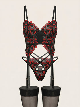 Elegant Black with Red Floral Lace Bodysuit with Cutout Detail-Bodysuit-Bellascena-S-Black-bellascena