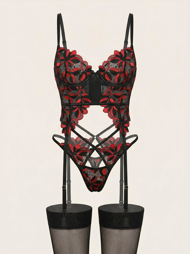 Elegant Black with Red Floral Lace Bodysuit with Cutout Detail