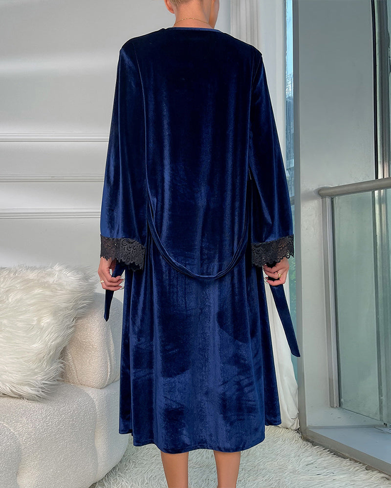 Elegant Deep Burgundy Velvet Kimono Robe with Lace Trim-Nightgown-Bellascena-bellascena