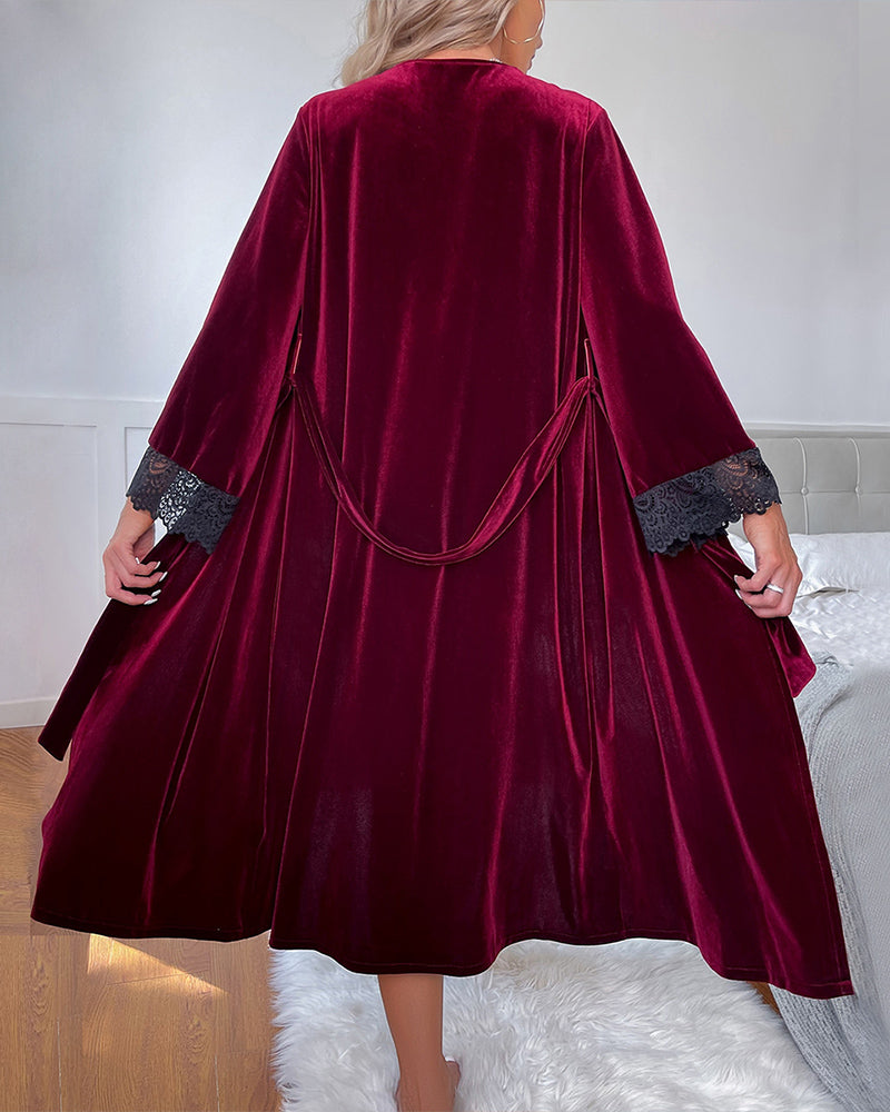 Elegant Deep Burgundy Velvet Kimono Robe with Lace Trim-Nightgown-Bellascena-bellascena