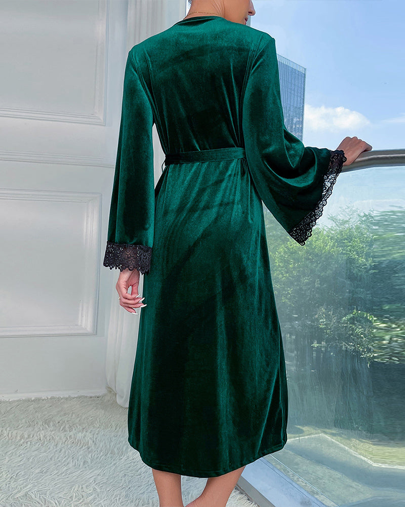 Elegant Deep Burgundy Velvet Kimono Robe with Lace Trim-Nightgown-Bellascena-bellascena