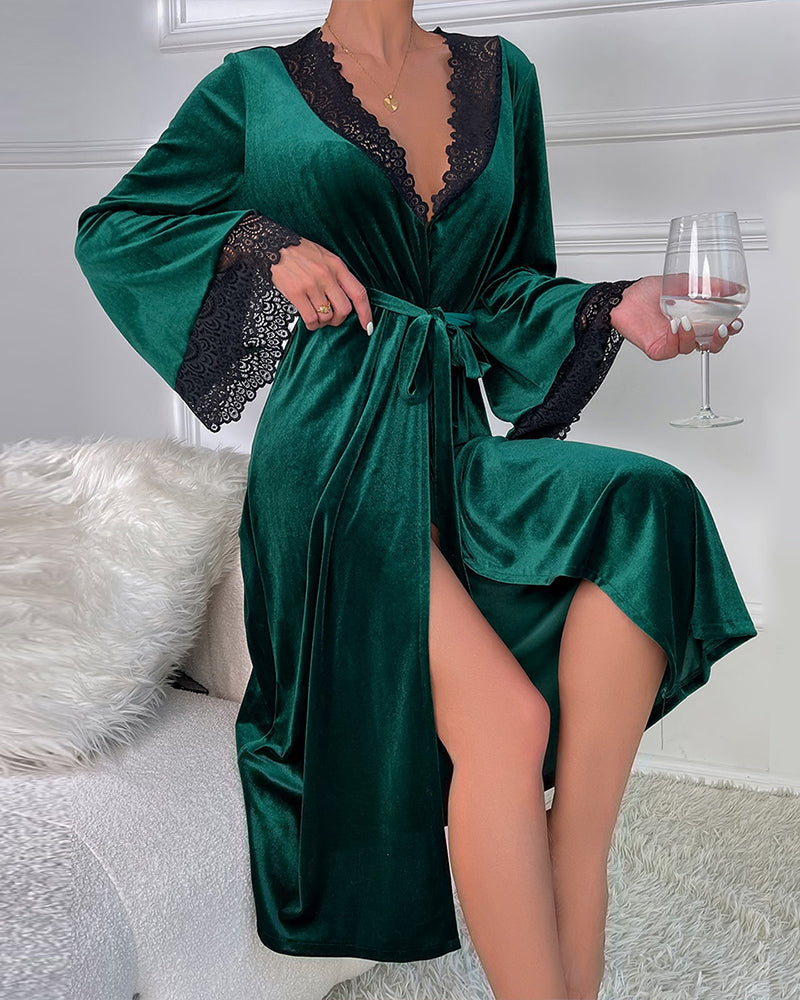 Elegant Deep Burgundy Velvet Kimono Robe with Lace Trim-Nightgown-Bellascena-bellascena