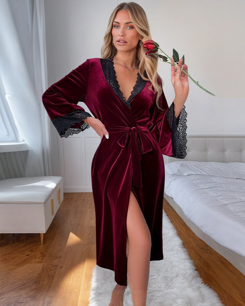 Elegant Deep Burgundy Velvet Kimono Robe with Lace Trim-Nightgown-Bellascena-Wine Red-S-bellascena