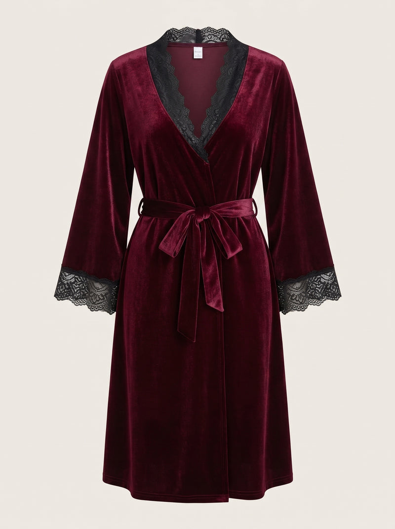 Elegant Deep Burgundy Velvet Kimono Robe with Lace Trim