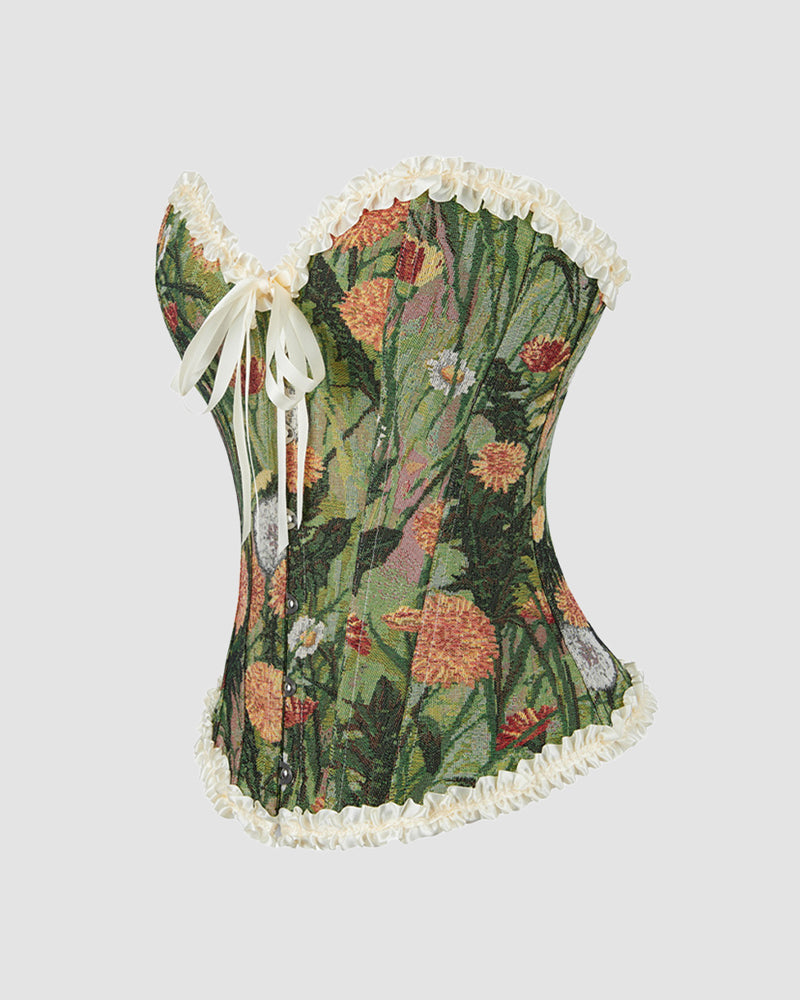 Elegant Floral Green Lace Corset with Ruffle Detail-Corset-Bellascena-bellascena