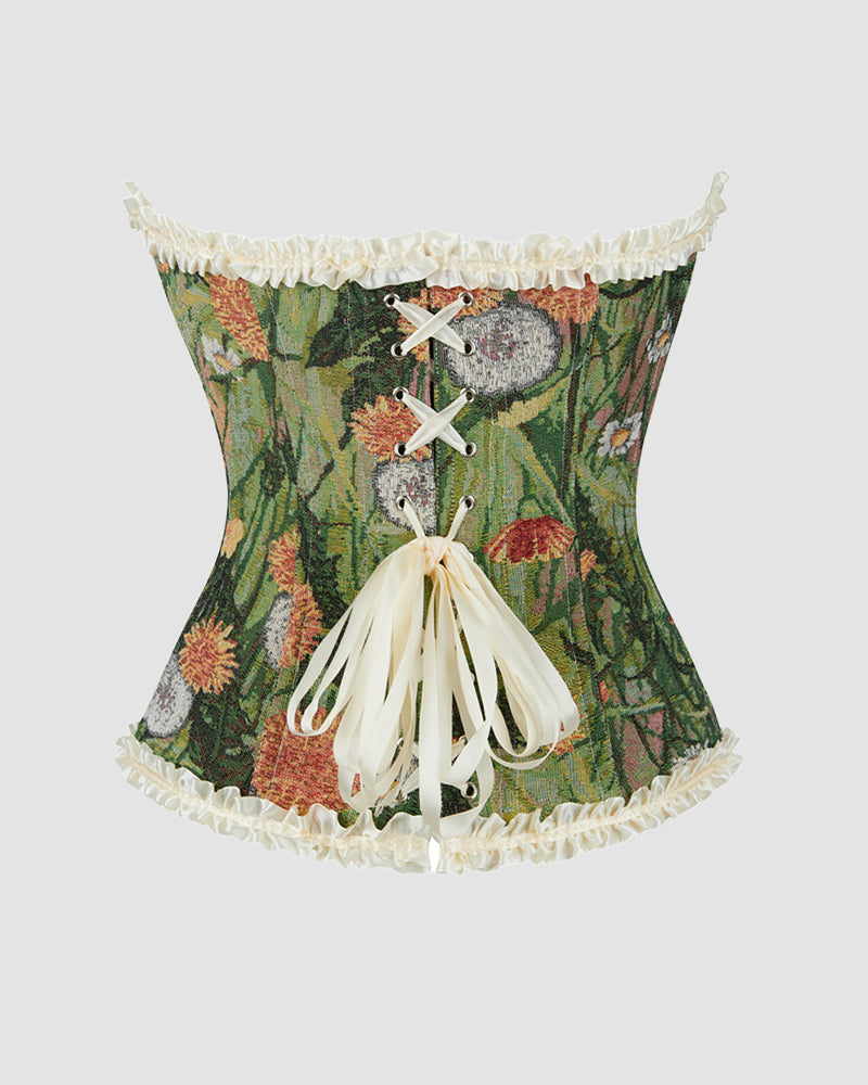 Elegant Floral Green Lace Corset with Ruffle Detail-Corset-Bellascena-bellascena