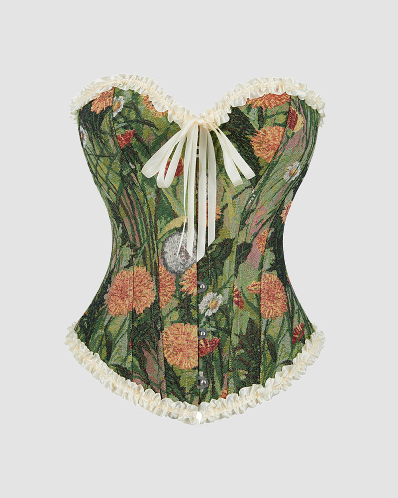 Elegant Floral Green Lace Corset with Ruffle Detail-Corset-Bellascena-bellascena