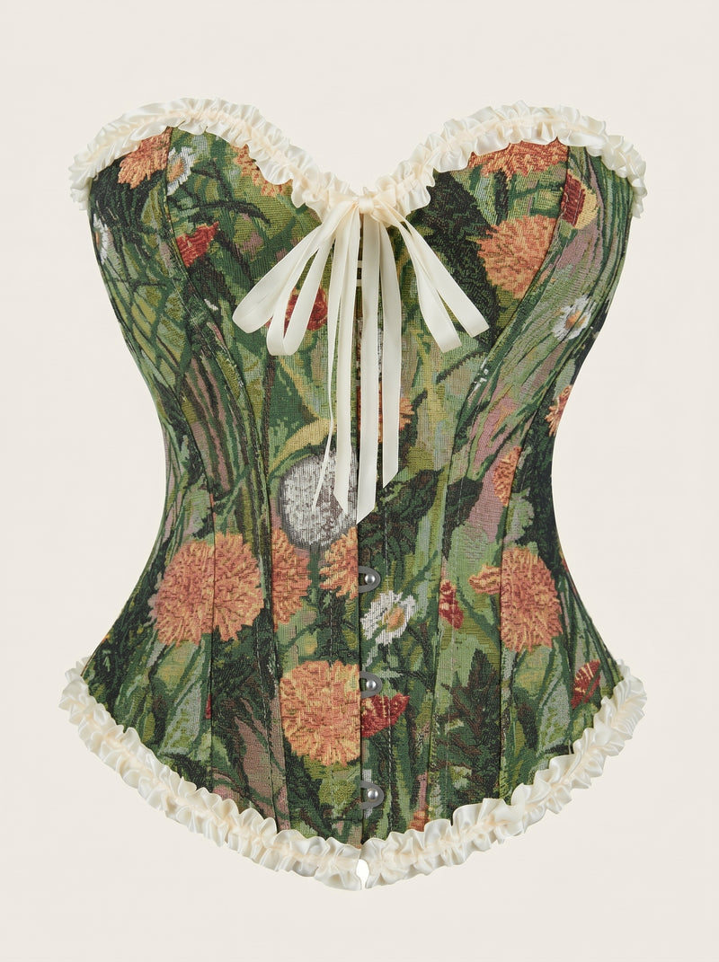 Elegante corsetto verde floreale in pizzo con dettagli arricciati