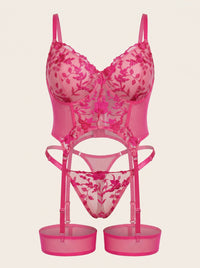 Elegant Floral Pink Embroidered Mesh Lingerie Set with Strappy Detail