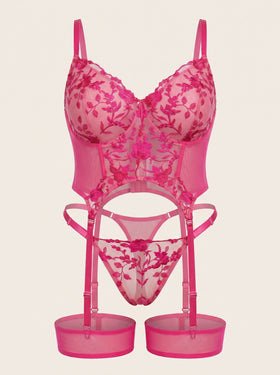 Elegant Floral Pink Embroidered Mesh Lingerie Set with Strappy Detail-Lingerie Set-Bellascena-bellascena