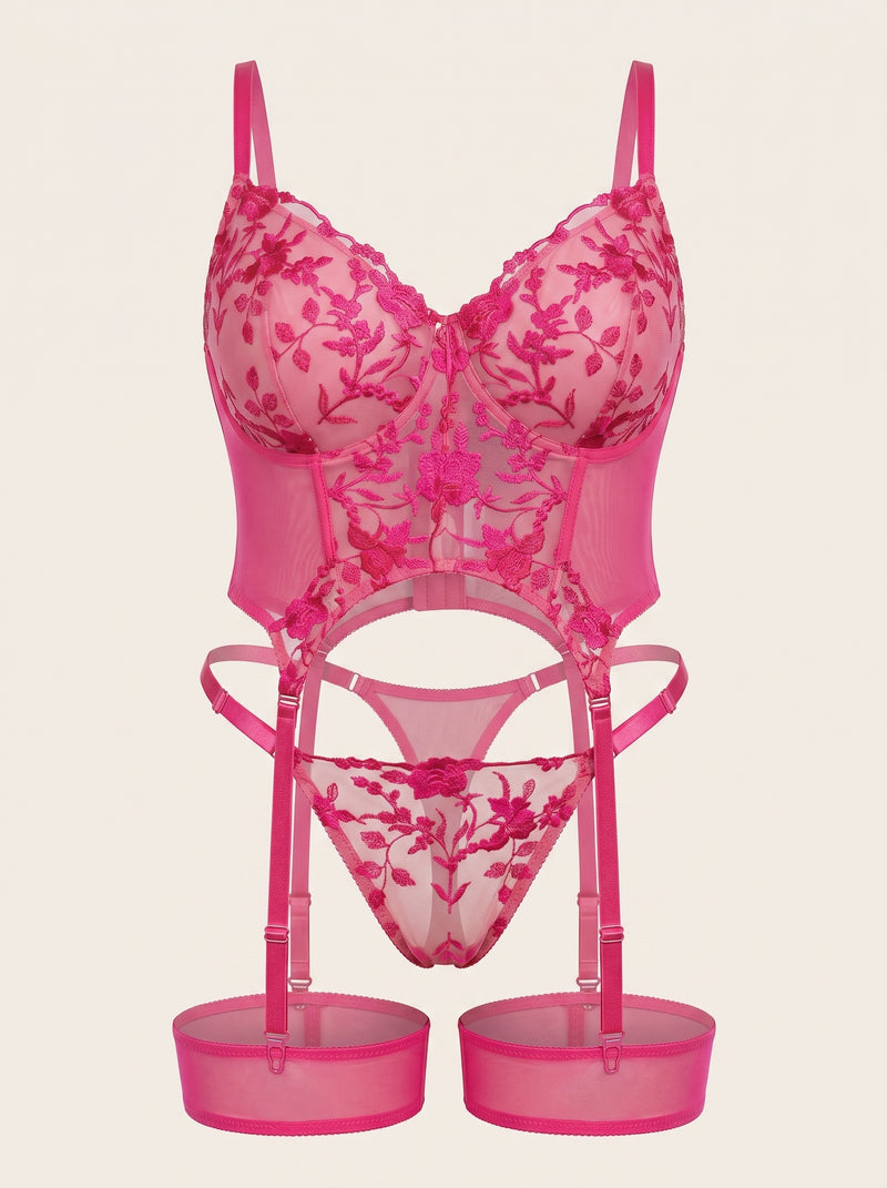 Elegant Floral Pink Embroidered Mesh Lingerie Set with Strappy Detail