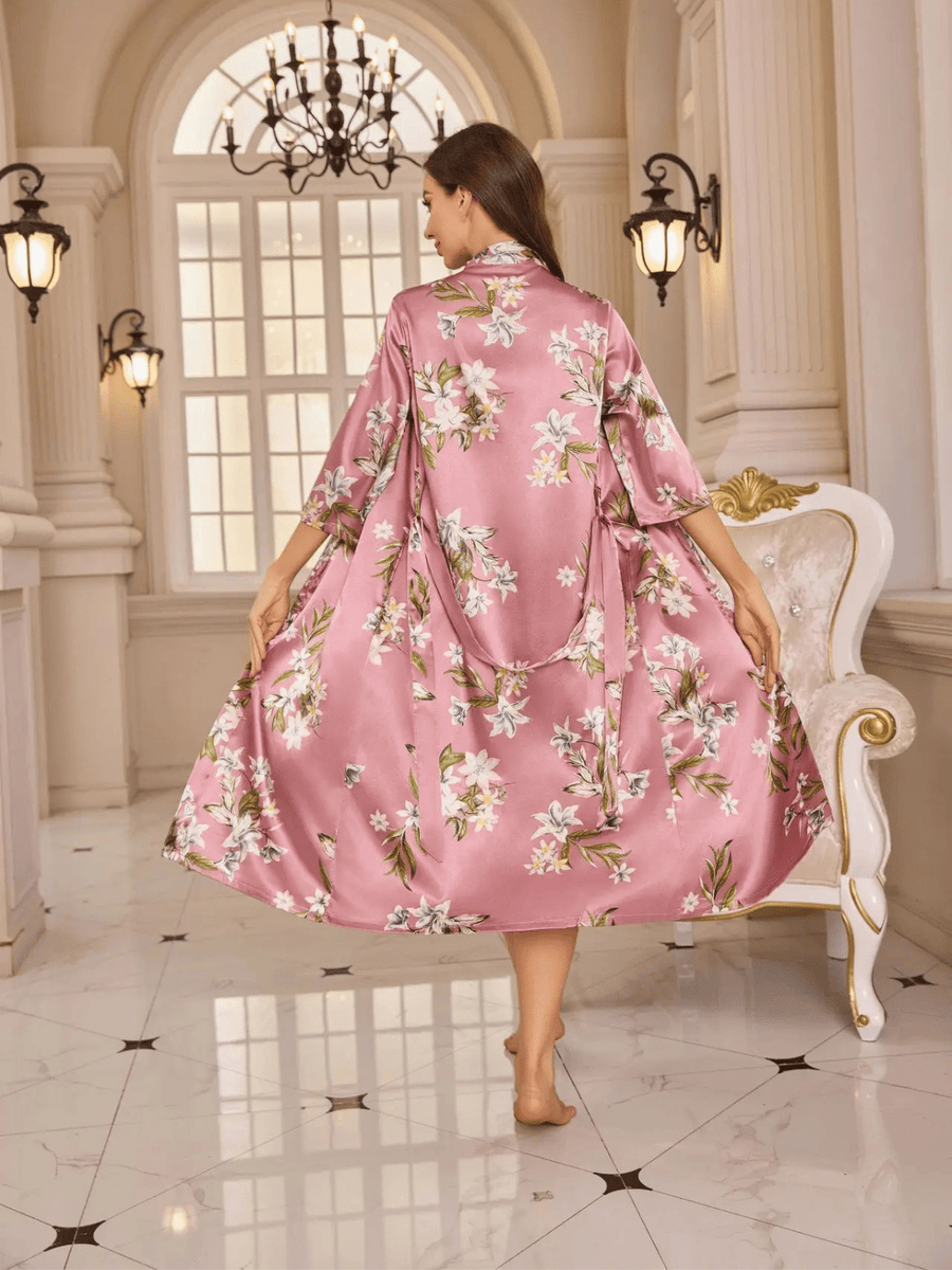 Elegant Floral Pink Satin Kimono Robe with Tie Belt-Kimono Robe-Bellascena-bellascena